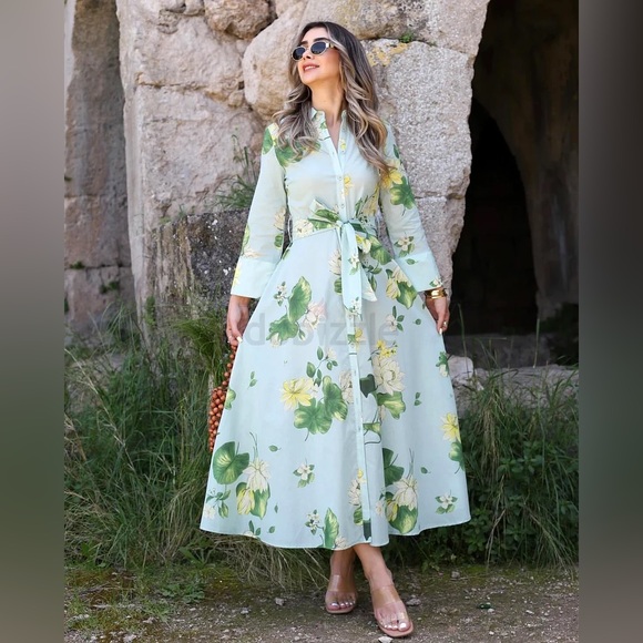 NWOT ZARA Cotton SHIRT Dress Green Floral Long Sleeve Belt Midi ZW Collection L NWOT ZARA Cotton SHIRT Dress Green Floral Long Sleeve Belt Midi ZW Collection L